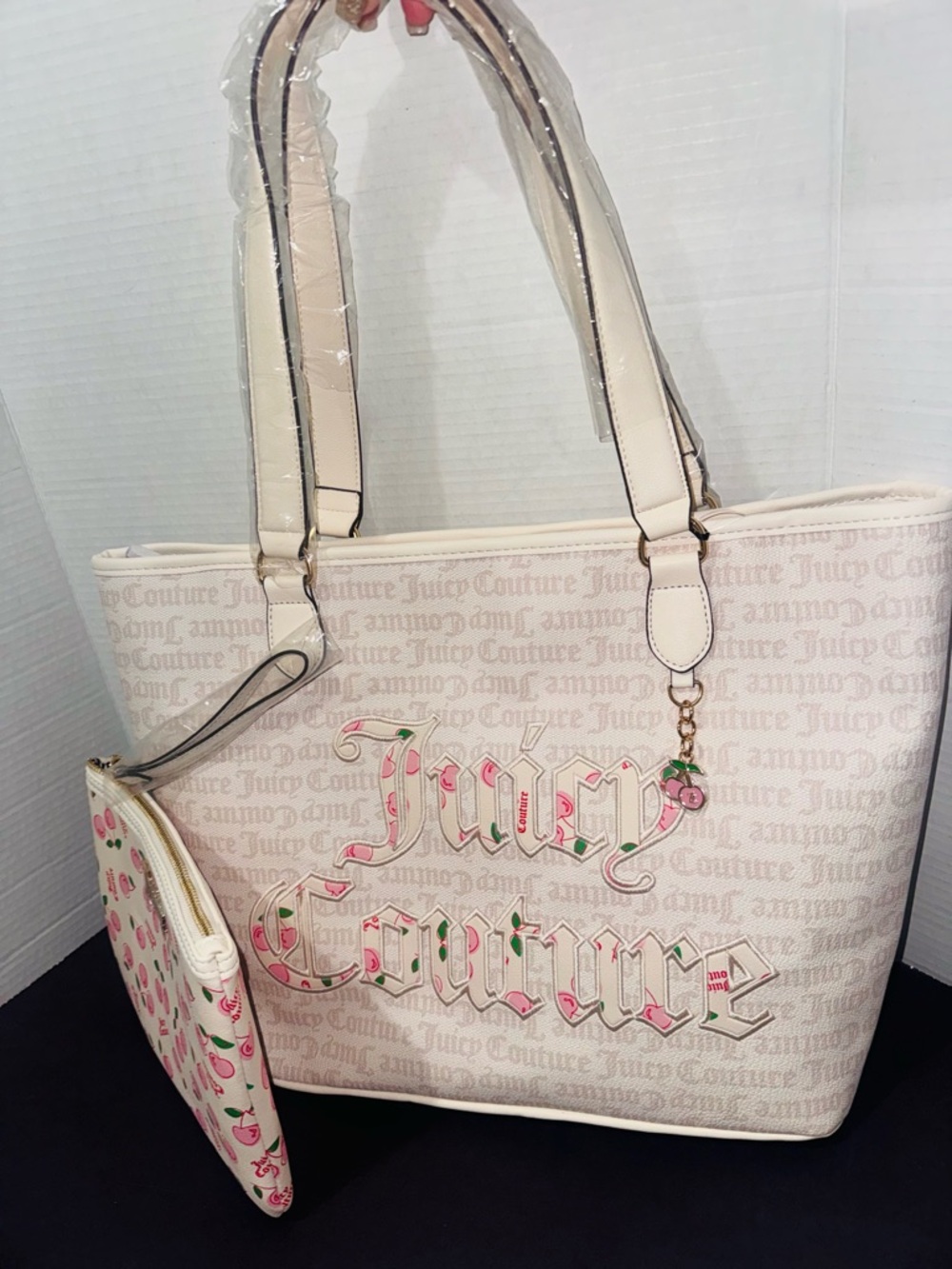 Juicy Couture Let’s Go Girls Cherry Tote + Wristlet in white crystal  BNWT